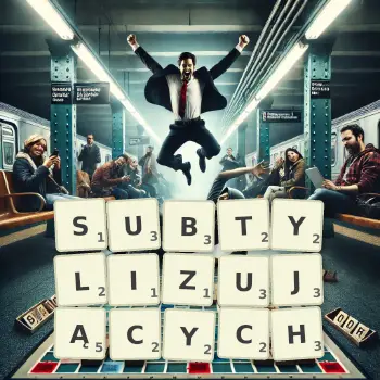 Kreatywna ilustracja do gry w Scrabble ze słowem SUBTYLIZUJĄCYCH ułożonym z płytek na planszy.