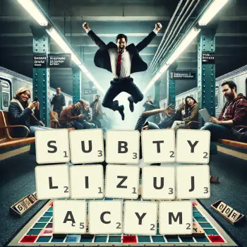Kreatywna ilustracja do gry w Scrabble ze słowem SUBTYLIZUJĄCYM ułożonym z płytek na planszy.