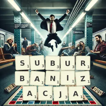 Kreatywna ilustracja do gry w Scrabble ze słowem SUBURBANIZACJA ułożonym z płytek na planszy.