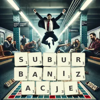 Kreatywna ilustracja do gry w Scrabble ze słowem SUBURBANIZACJE ułożonym z płytek na planszy.