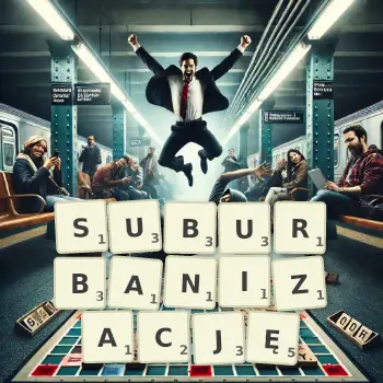 Kreatywna ilustracja do gry w Scrabble ze słowem SUBURBANIZACJĘ ułożonym z płytek na planszy.