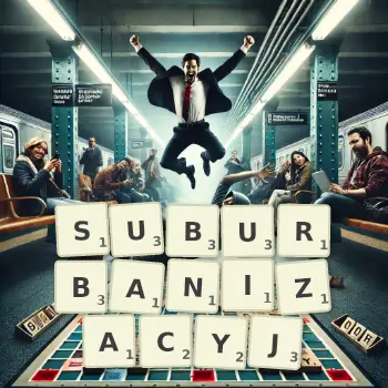 Kreatywna ilustracja do gry w Scrabble ze słowem SUBURBANIZACYJ ułożonym z płytek na planszy.