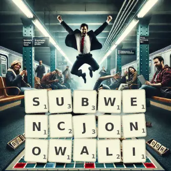 Kreatywna ilustracja do gry w Scrabble ze słowem SUBWENCJONOWALI ułożonym z płytek na planszy.