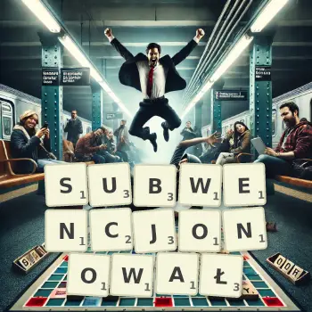 Kreatywna ilustracja do gry w Scrabble ze słowem SUBWENCJONOWAŁ ułożonym z płytek na planszy.