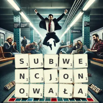 Kreatywna ilustracja do gry w Scrabble ze słowem SUBWENCJONOWAŁA ułożonym z płytek na planszy.