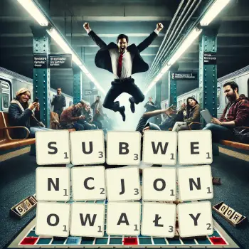 Kreatywna ilustracja do gry w Scrabble ze słowem SUBWENCJONOWAŁY ułożonym z płytek na planszy.