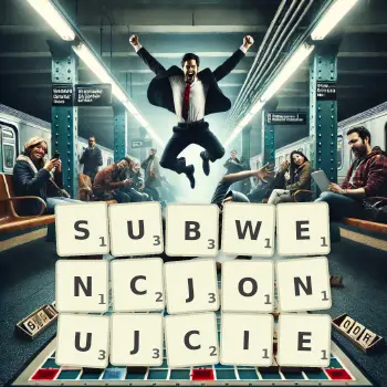 Kreatywna ilustracja do gry w Scrabble ze słowem SUBWENCJONUJCIE ułożonym z płytek na planszy.