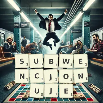 Kreatywna ilustracja do gry w Scrabble ze słowem SUBWENCJONUJE ułożonym z płytek na planszy.