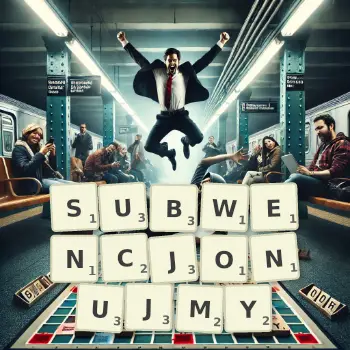 Kreatywna ilustracja do gry w Scrabble ze słowem SUBWENCJONUJMY ułożonym z płytek na planszy.