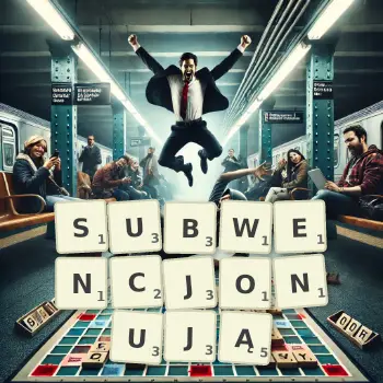 Kreatywna ilustracja do gry w Scrabble ze słowem SUBWENCJONUJĄ ułożonym z płytek na planszy.