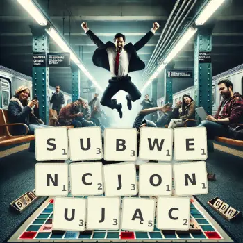 Kreatywna ilustracja do gry w Scrabble ze słowem SUBWENCJONUJĄC ułożonym z płytek na planszy.