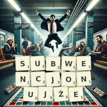 Kreatywna ilustracja do gry w Scrabble ze słowem SUBWENCJONUJŻE ułożonym z płytek na planszy.