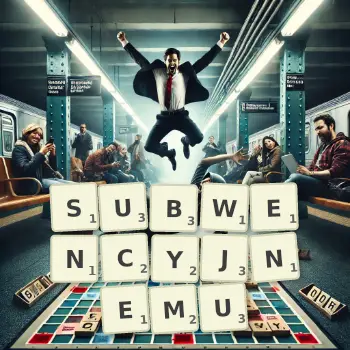 Kreatywna ilustracja do gry w Scrabble ze słowem SUBWENCYJNEMU ułożonym z płytek na planszy.