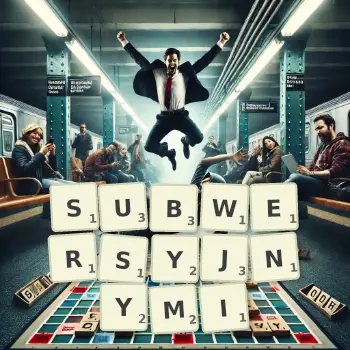 Kreatywna ilustracja do gry w Scrabble ze słowem SUBWERSYJNYMI ułożonym z płytek na planszy.