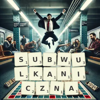 Kreatywna ilustracja do gry w Scrabble ze słowem SUBWULKANICZNA ułożonym z płytek na planszy.