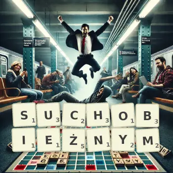 Kreatywna ilustracja do gry w Scrabble ze słowem SUCHOBIEŻNYM ułożonym z płytek na planszy.