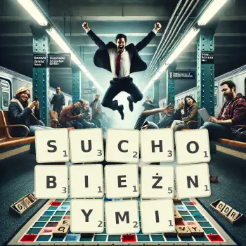 Kreatywna ilustracja do gry w Scrabble ze słowem SUCHOBIEŻNYMI ułożonym z płytek na planszy.