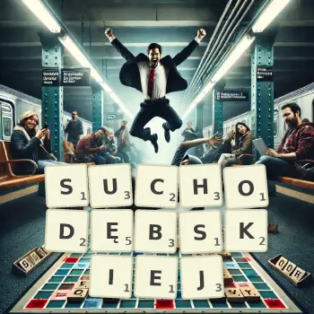 Kreatywna ilustracja do gry w Scrabble ze słowem SUCHODĘBSKIEJ ułożonym z płytek na planszy.