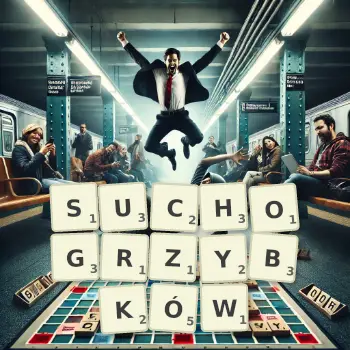 Kreatywna ilustracja do gry w Scrabble ze słowem SUCHOGRZYBKÓW ułożonym z płytek na planszy.