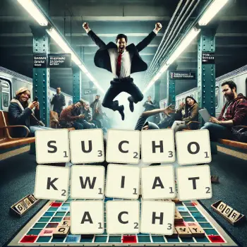 Kreatywna ilustracja do gry w Scrabble ze słowem SUCHOKWIATACH ułożonym z płytek na planszy.