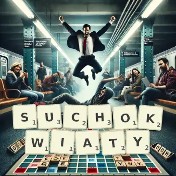 Kreatywna ilustracja do gry w Scrabble ze słowem SUCHOKWIATY ułożonym z płytek na planszy.