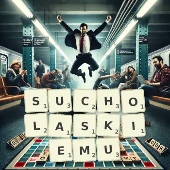 Kreatywna ilustracja do gry w Scrabble ze słowem SUCHOLASKIEMU ułożonym z płytek na planszy.
