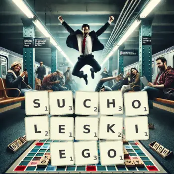 Kreatywna ilustracja do gry w Scrabble ze słowem SUCHOLESKIEGO ułożonym z płytek na planszy.