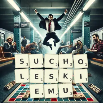 Kreatywna ilustracja do gry w Scrabble ze słowem SUCHOLESKIEMU ułożonym z płytek na planszy.