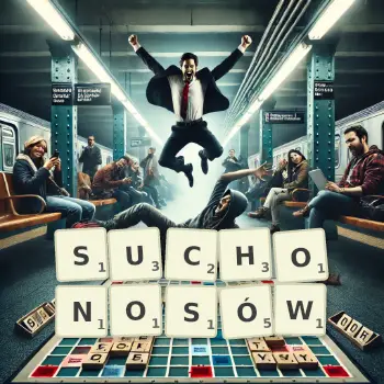 Kreatywna ilustracja do gry w Scrabble ze słowem SUCHONOSÓW ułożonym z płytek na planszy.
