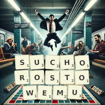 Kreatywna ilustracja do gry w Scrabble ze słowem SUCHOROSTOWEMU ułożonym z płytek na planszy.