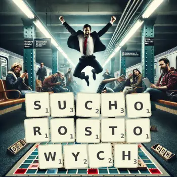 Kreatywna ilustracja do gry w Scrabble ze słowem SUCHOROSTOWYCH ułożonym z płytek na planszy.