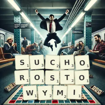 Kreatywna ilustracja do gry w Scrabble ze słowem SUCHOROSTOWYMI ułożonym z płytek na planszy.