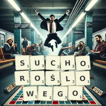 Kreatywna ilustracja do gry w Scrabble ze słowem SUCHOROŚLOWEGO ułożonym z płytek na planszy.