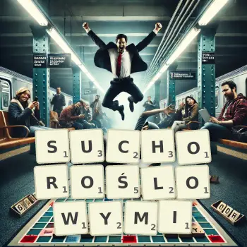 Kreatywna ilustracja do gry w Scrabble ze słowem SUCHOROŚLOWYMI ułożonym z płytek na planszy.