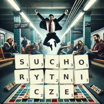 Kreatywna ilustracja do gry w Scrabble ze słowem SUCHORYTNICZE ułożonym z płytek na planszy.