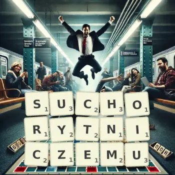 Kreatywna ilustracja do gry w Scrabble ze słowem SUCHORYTNICZEMU ułożonym z płytek na planszy.