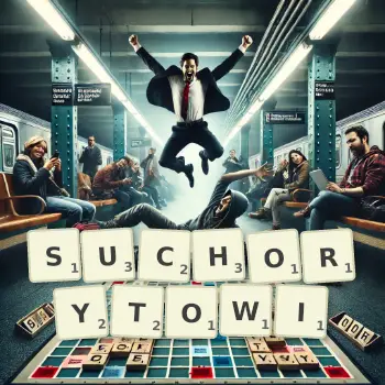 Kreatywna ilustracja do gry w Scrabble ze słowem SUCHORYTOWI ułożonym z płytek na planszy.