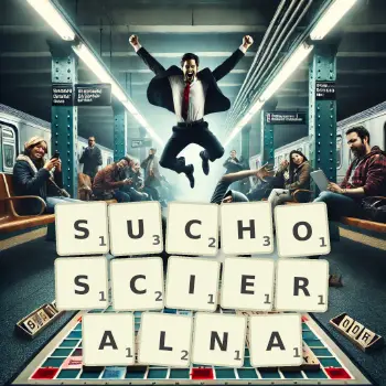 Kreatywna ilustracja do gry w Scrabble ze słowem SUCHOSCIERALNA ułożonym z płytek na planszy.