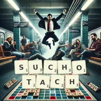 Kreatywna ilustracja do gry w Scrabble ze słowem SUCHOTACH ułożonym z płytek na planszy.