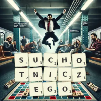 Kreatywna ilustracja do gry w Scrabble ze słowem SUCHOTNICZEGO ułożonym z płytek na planszy.