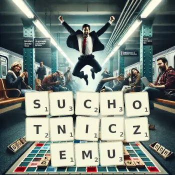 Kreatywna ilustracja do gry w Scrabble ze słowem SUCHOTNICZEMU ułożonym z płytek na planszy.