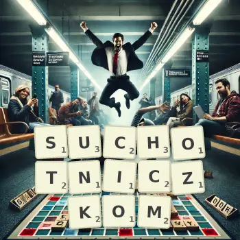 Kreatywna ilustracja do gry w Scrabble ze słowem SUCHOTNICZKOM ułożonym z płytek na planszy.