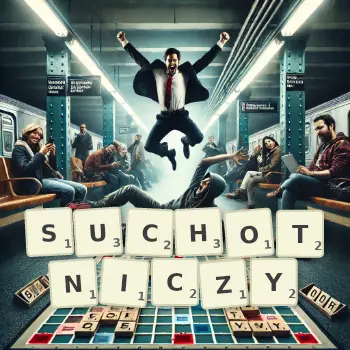 Kreatywna ilustracja do gry w Scrabble ze słowem SUCHOTNICZY ułożonym z płytek na planszy.