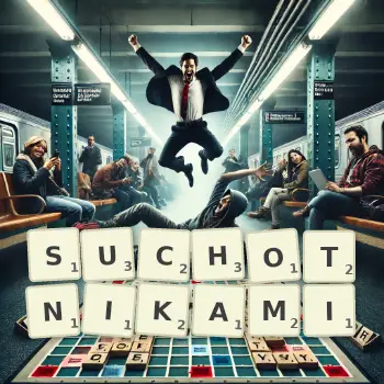 Kreatywna ilustracja do gry w Scrabble ze słowem SUCHOTNIKAMI ułożonym z płytek na planszy.