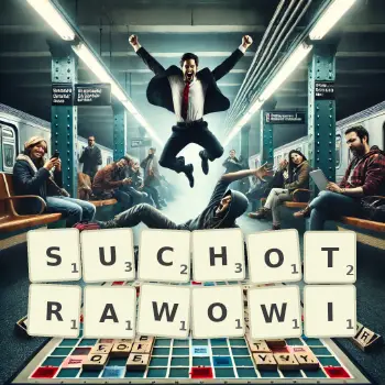 Kreatywna ilustracja do gry w Scrabble ze słowem SUCHOTRAWOWI ułożonym z płytek na planszy.