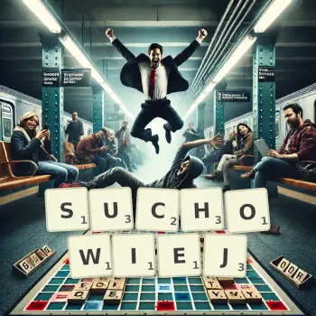 Kreatywna ilustracja do gry w Scrabble ze słowem SUCHOWIEJ ułożonym z płytek na planszy.