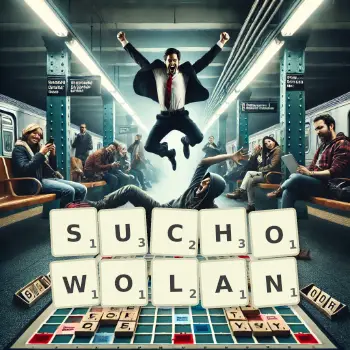 Kreatywna ilustracja do gry w Scrabble ze słowem SUCHOWOLAN ułożonym z płytek na planszy.