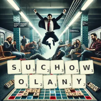 Kreatywna ilustracja do gry w Scrabble ze słowem SUCHOWOLANY ułożonym z płytek na planszy.