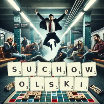Kreatywna ilustracja do gry w Scrabble ze słowem SUCHOWOLSKI ułożonym z płytek na planszy.