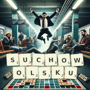 Kreatywna ilustracja do gry w Scrabble ze słowem SUCHOWOLSKU ułożonym z płytek na planszy.